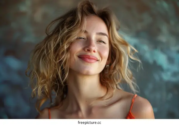 Portrait of a beautiful young woman with long blond hair smiling