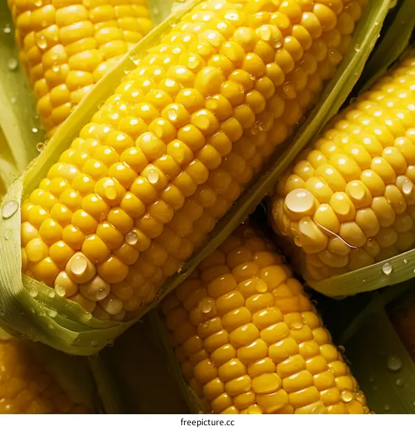 Yellow corn on the cob close-up with water droplets