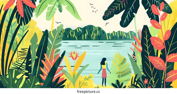 Tropical Landscape With Woman And Lush Greenery