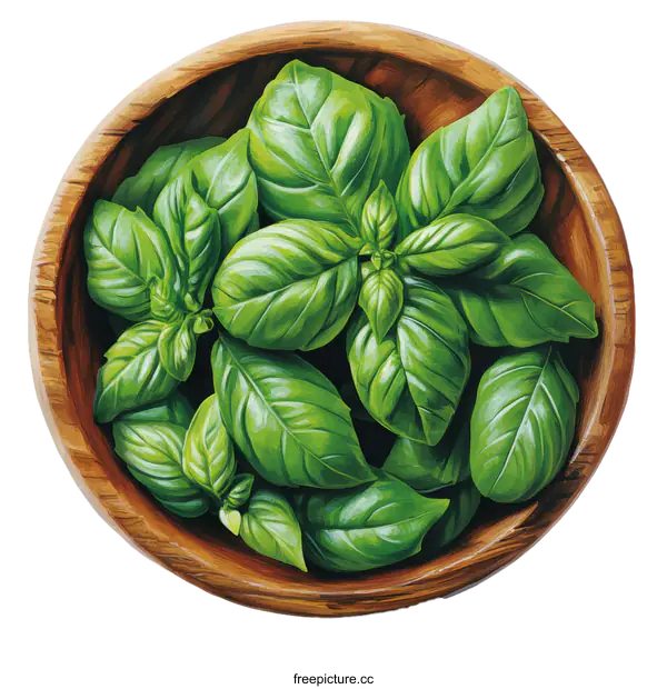 [Transparent Background PNG]Fresh Basil in Wooden Bowl Illustration