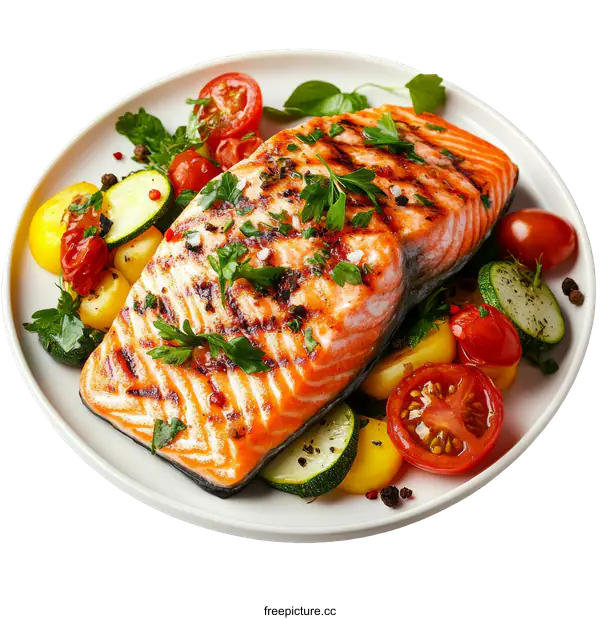 [Transparent Background PNG]Grilled Salmon with Roasted Vegetables on Plate