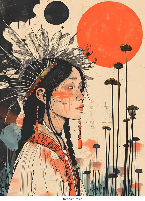 Native American Woman with Feathers and Red Sun