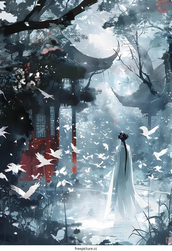 Woman in White Robe Walking Through a Snowy Forest