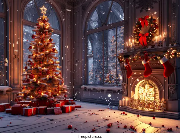 Snowy Christmas Tree in a Festive Living Room