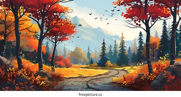 Autumn Forest Landscape Painting with Mountain and Road