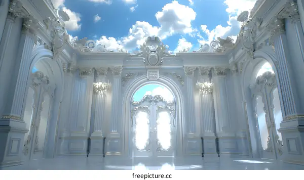 White Palace Interior Design With Blue Sky Ceiling