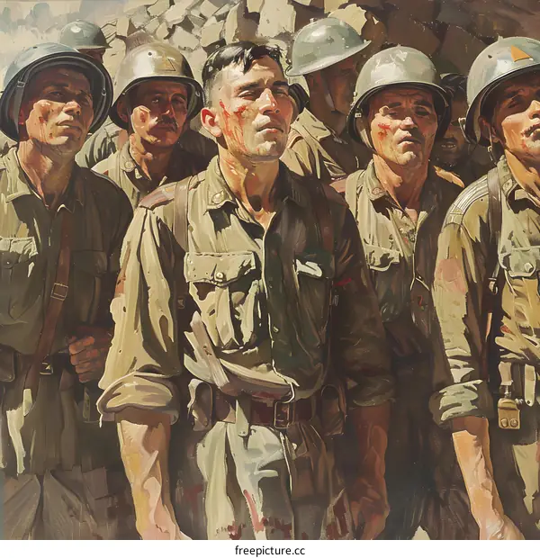 A group of soldiers wearing helmets and carrying guns