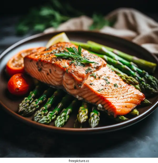 Grilled Salmon with Asparagus and Tomatoes