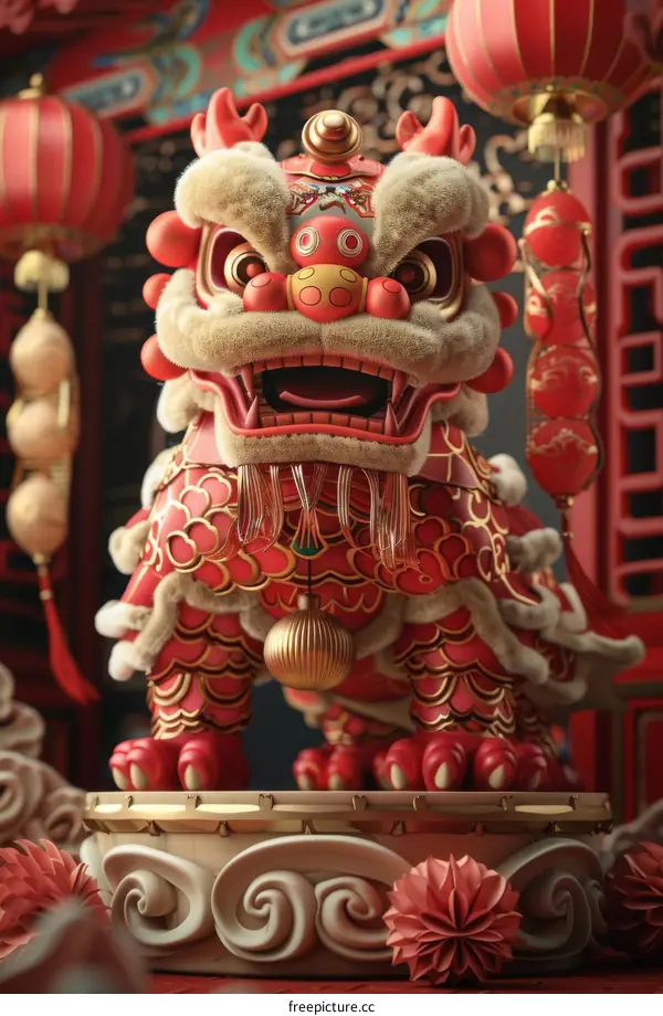 A red and gold lion statue with a happy expression stands on a pedestal in a festive setting.