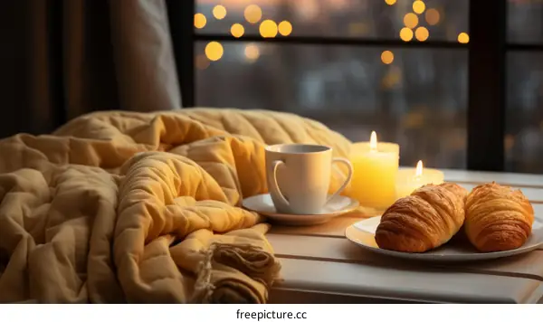 Cozy home still life with coffee, warm lighting, and candles