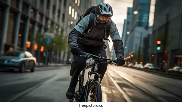 A cyclist rides his bike down a city street