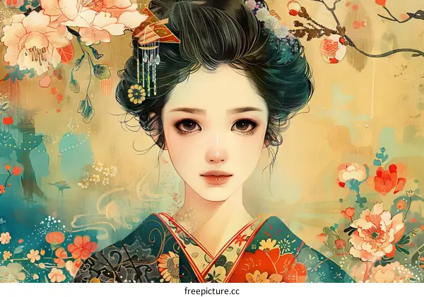 An illustration of a beautiful Japanese woman in a kimono with flowers in her hair.