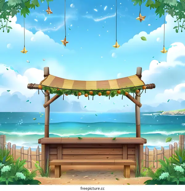 Summer Beach Illustration with Wooden Bench and Canopy