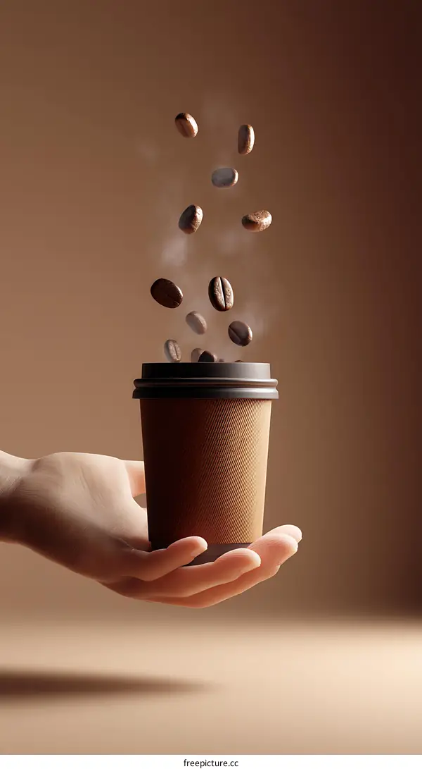 Coffee Cup with Flying Beans Illustration