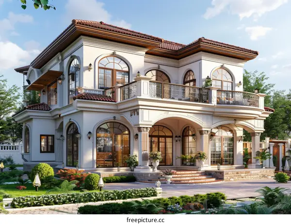 A large white house with a red roof and a beautiful garden