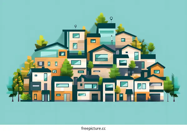 Modern Houses Illustration Design, Minimalist Flat Design, Home Buildings, Cityscape
