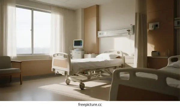 Clean and Bright Hospital Room with Empty Beds and Medical Equipment