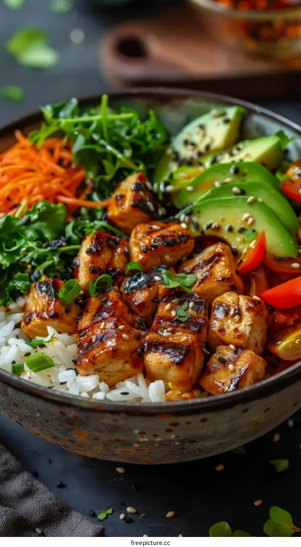 delicious healthy food bowl with rice, tofu, vegetables and avocado