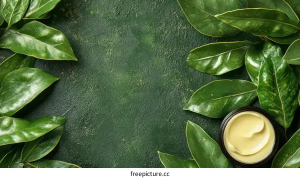 Natural skincare product arrangement with green leaves