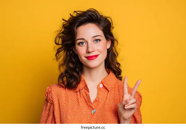 Smiling Woman with Peace Sign on Yellow Background
