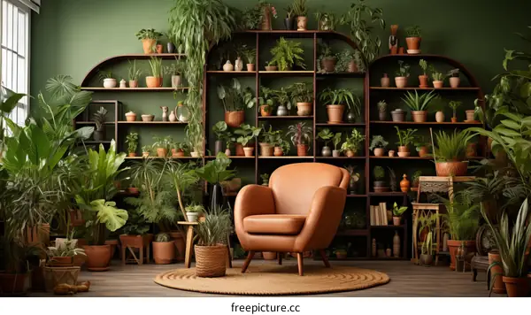 Indoor Plants in Living Room with Green Walls and Brown Leather Armchair