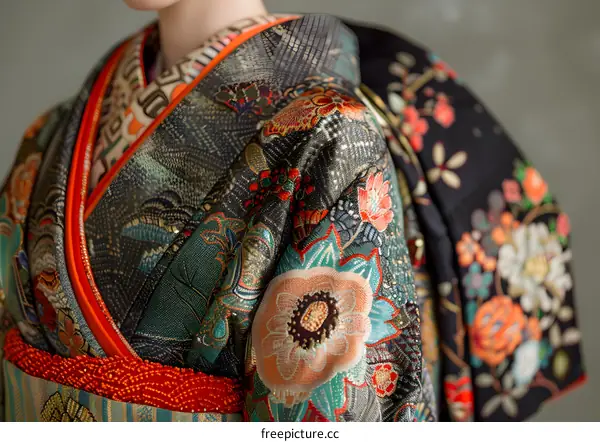 A woman wearing a kimono with a floral pattern