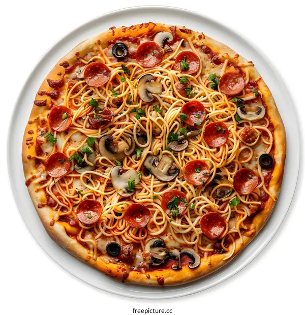 Pepperoni Pizza with Spaghetti and Mushrooms