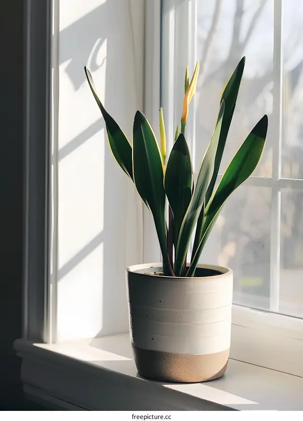 Potted Plant With Green Leaves On Window Sill