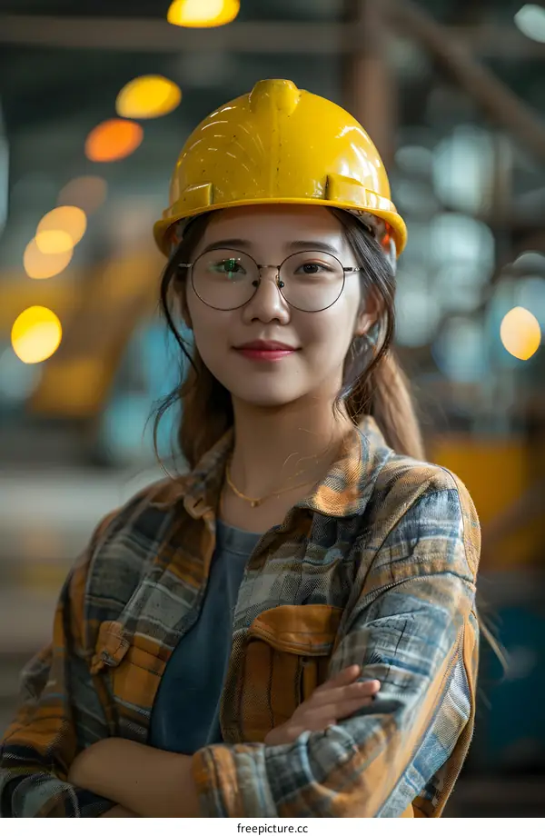 portrait of a young asian woman wearing a hard hat and safety glasses in a factory