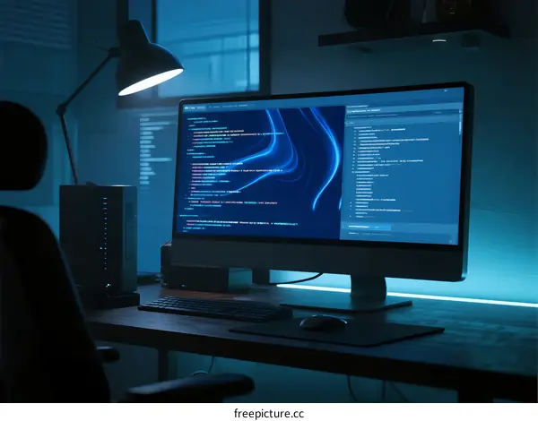 Programmer Working Late on Computer with Code Editor Screen