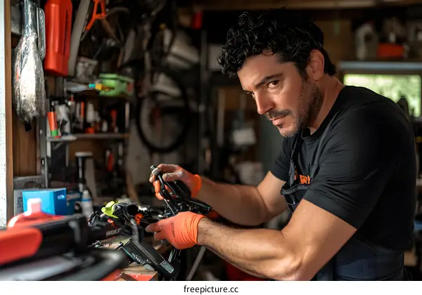 Man Working On a Bike in a Garage