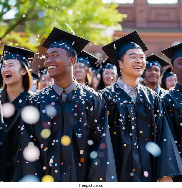 A group of diverse college graduates celebrate their commencement.