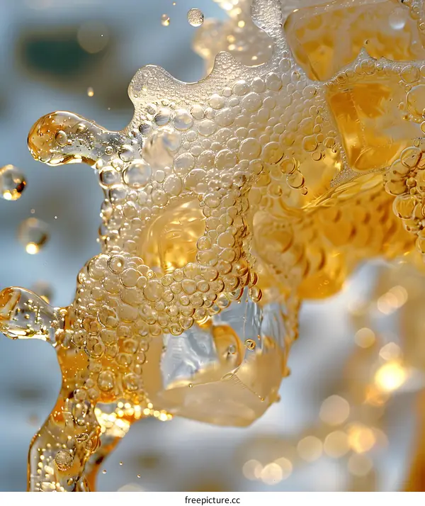 Closeup of Bubbles and Ice Cubes in Liquid