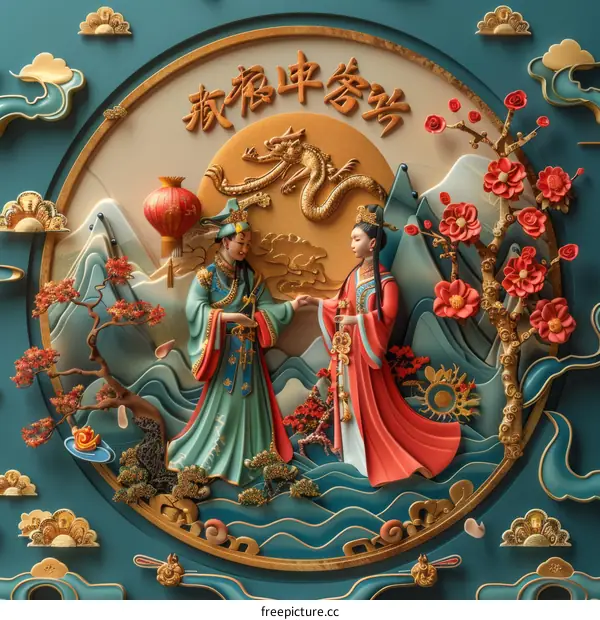 Chinese Traditional Couple Illustration in 3D Paper Cut Style