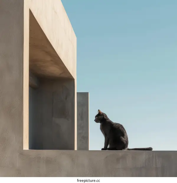 A black cat on a ledge with a blue sky backdrop