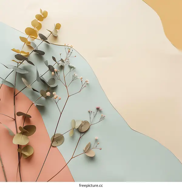 Pastel Colored Background with Eucalyptus and Dried Flowers