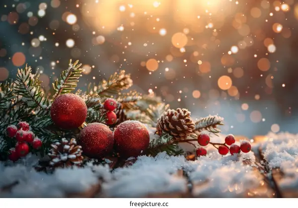 Christmas Still Life with Ornaments and Pine Cones