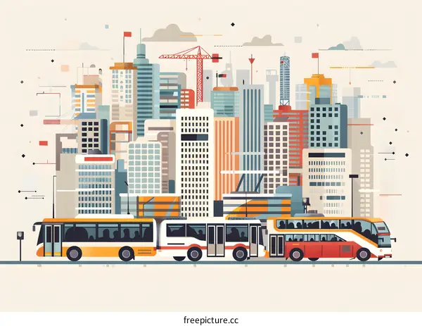 Cityscape Illustration with Buses and Buildings