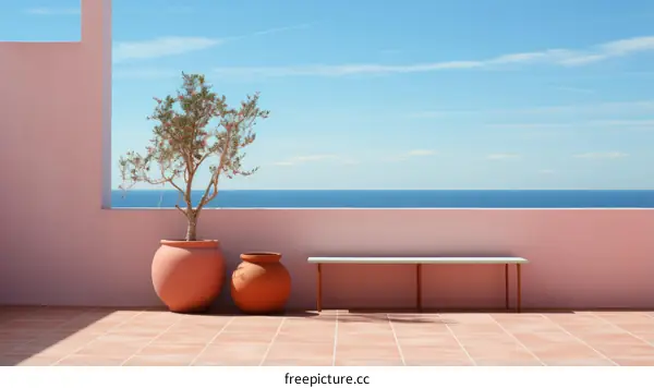 Mediterranean Terrace with Pink Wall and Clay Pots