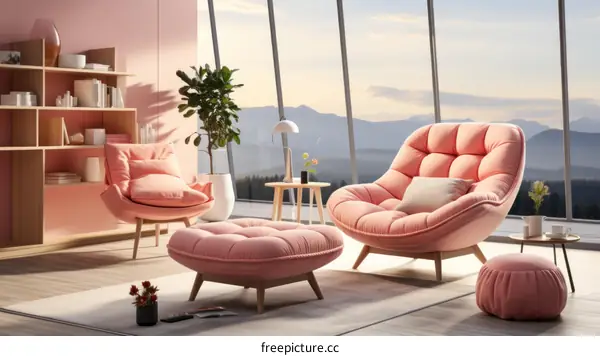 A beautiful living room with a large pink sectional sofa and a pink ottoman.