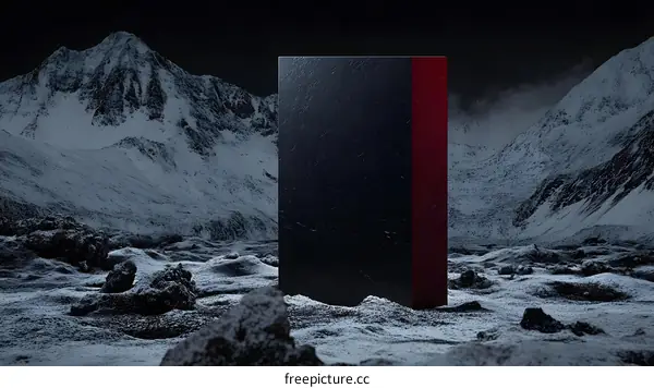 Black Monolith in a Snowy Mountain Landscape