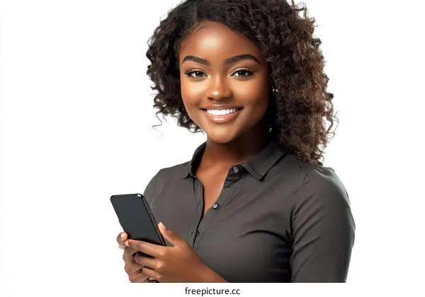 Smiling African American Woman Holding Smartphone