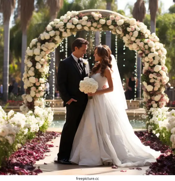 Happy Couple Under Floral Archway at Wedding Ceremony