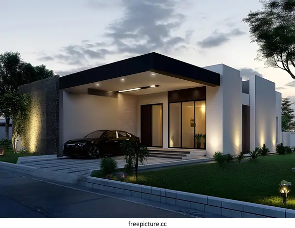 Modern House Exterior Design With Black Car In Garage