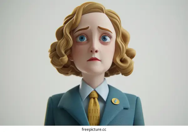 Concerned Blonde Woman in Blue Business Suit and Yellow Tie