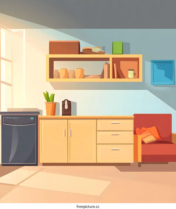 Cartoon Kitchen Illustration with Wooden Cabinets and a Comfortable Chair