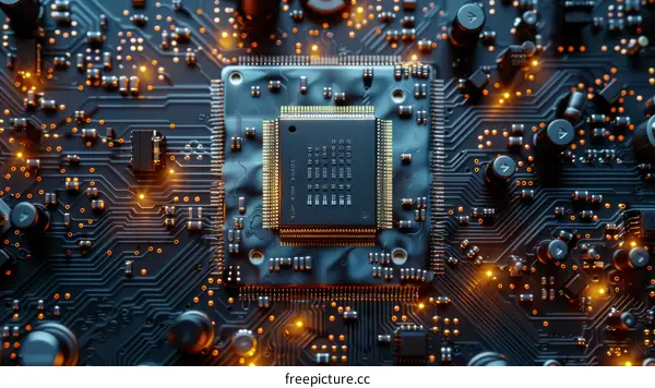 A close-up of a computer chip with glowing orange highlights.