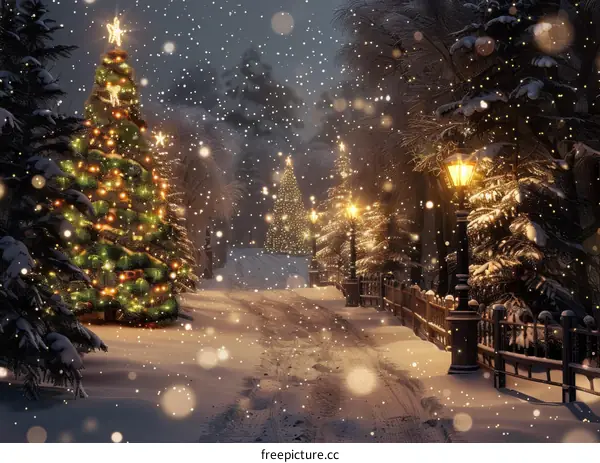 Snowy Christmas Eve Street with Decorations