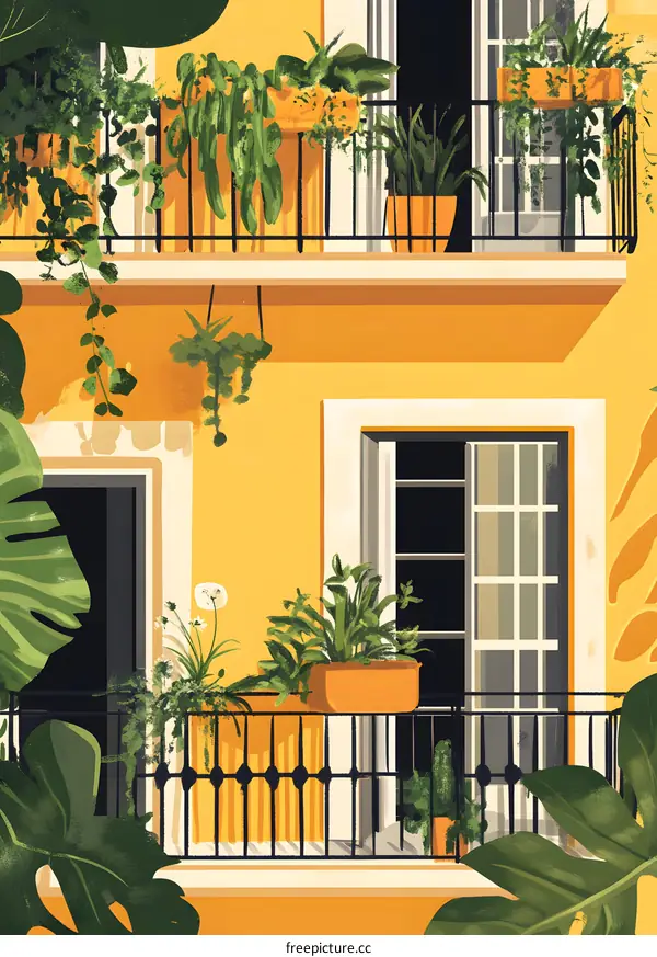 Yellow Building with Green Plants and Balcony