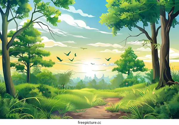 Green Forest With a City Skyline In The Distance